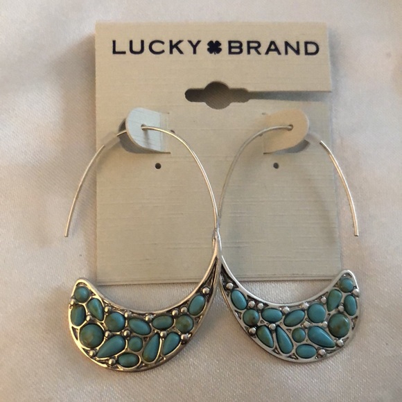 Lucky Brand Silver Tone Turquoise Stone Threader Hoop Earrings NWT - Picture 3 of 12